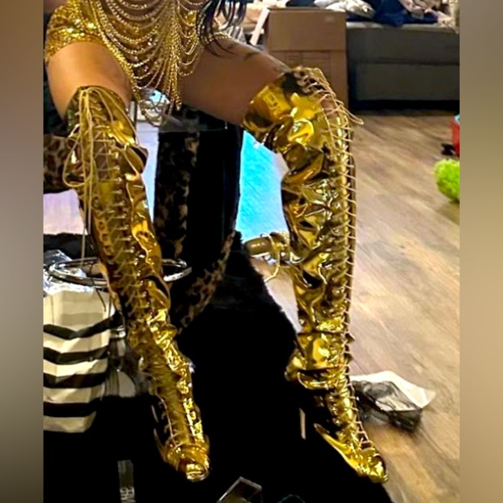 Gold thigh high boots